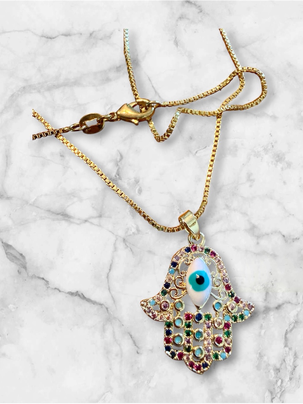 🆕 14k GP Hamsa Hand Pendant Necklace with Blue Evil Eye and Multicolor Stones